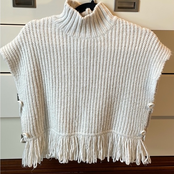Anthropologie Off White Mock Neck Buttoned Poncho with Fringes. - Picture 3 of 9